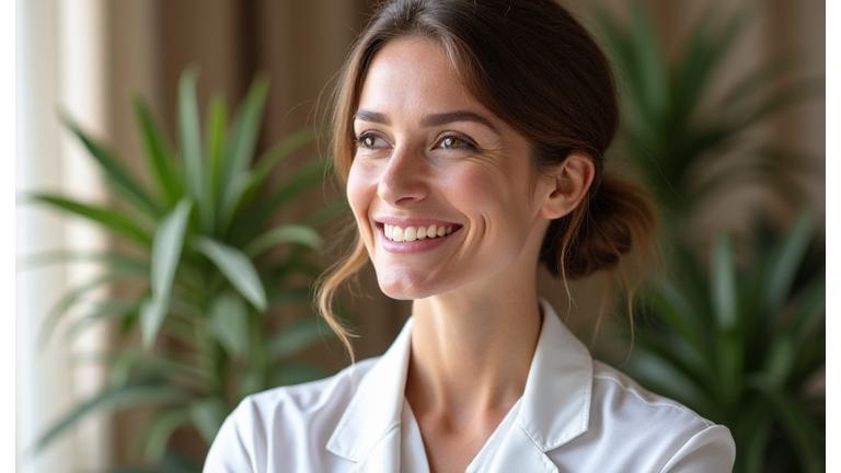 Dr. Amélie Rousseau, fondatrice de Lumière & Sens, dans un cadre serein et élégant évoquant la création et la vision.