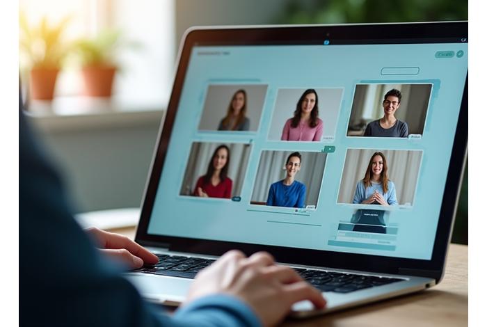Écran d'ordinateur affichant une session de méditation en ligne avec des participants virtuels