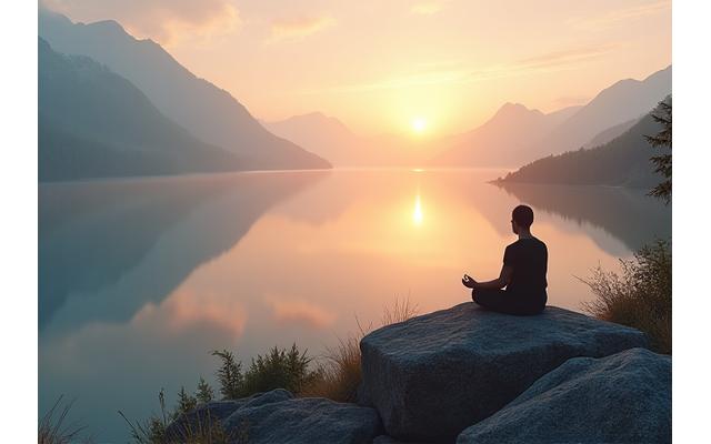 Personne en méditation au bord d'un lac, au lever du soleil, cadre paisible