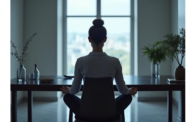 Personne méditant au bureau, symbolisant une pause express et consciente