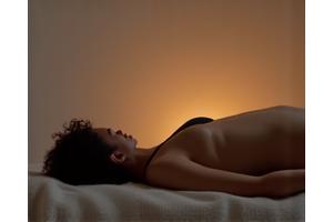 Personne allongée et relaxée, lumière douce, sensation de calme