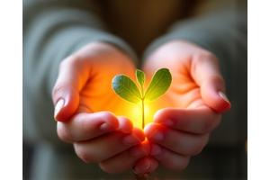 Mains jointes tenant une petite pousse, symbolisant la bienveillance et la croissance