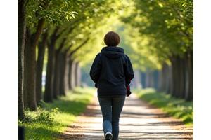 Personne marchant paisiblement dans un parc urbain à Bordeaux, mains dans le dos