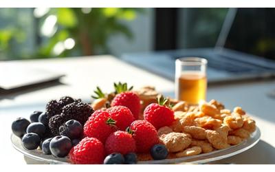 Aliments sains et colorés sur un bureau, symbolisant la nutrition pour la performance cognitive.