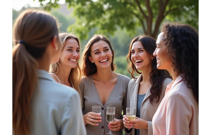 Groupe de femmes diverses et souriantes participant à un atelier bien-être en extérieur, riant ensemble.
