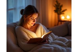 Ambiance douce du soir avec une femme lisant un livre et buvant une tisane, symbolisant la détente.