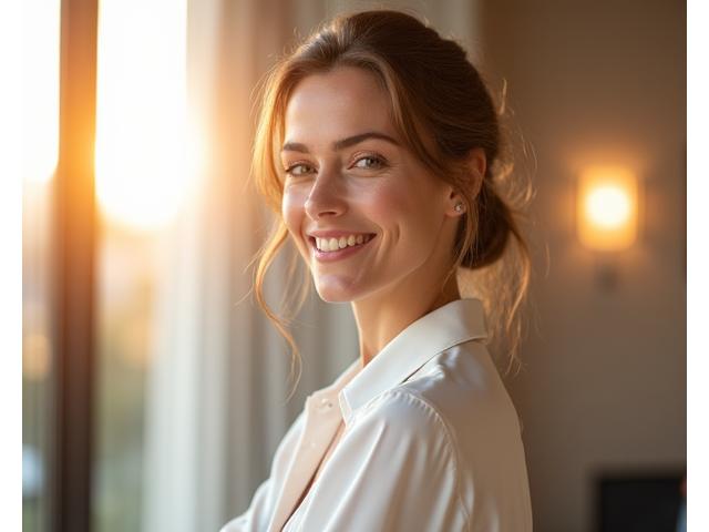 Femme active souriante, témoignant de son bien-être retrouvé grâce aux programmes Lumière & Sens.