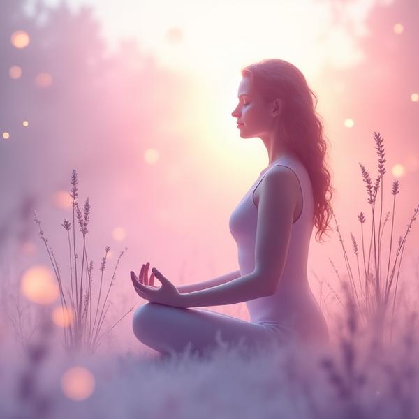 Une femme sereine méditant au milieu de fleurs pastels, symbolisant l'équilibre hormonal et la sérénité.