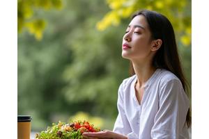Femme prenant une pause déjeuner saine et méditant brièvement dans un parc verdoyant.