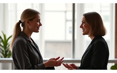 Deux collègues en discussion sereine dans un bureau lumineux, reflétant une communication harmonieuse.