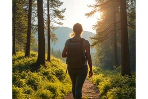 Femme marchant dans la nature luxuriante pendant le week-end, se reconnectant à la terre.