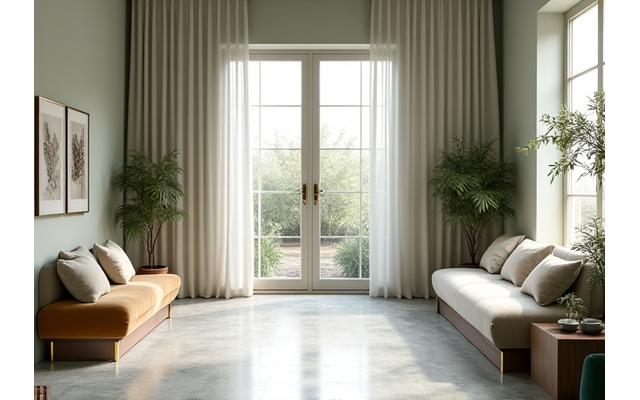 Visite virtuelle 360 de l'espace d'accueil de Lumière & Sens, mobilier élégant et plantes vertes, ambiance apaisante.