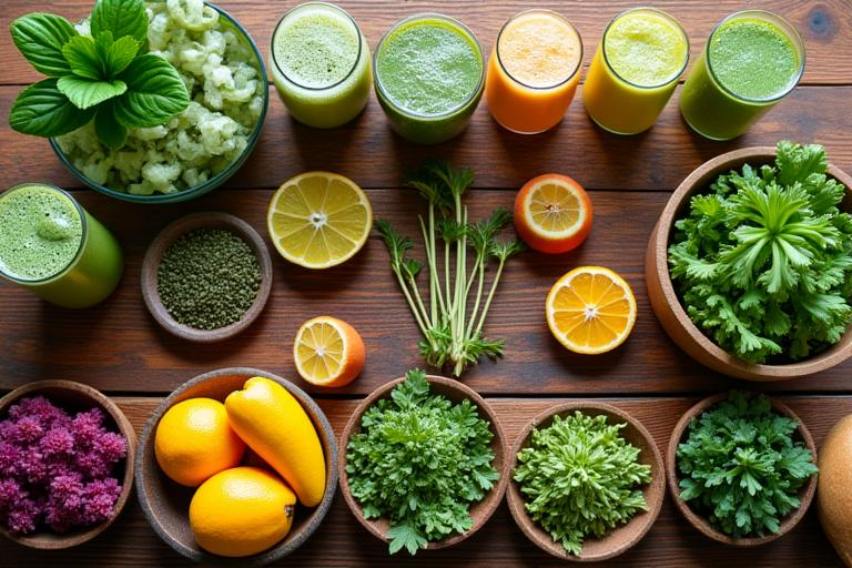 Table abondante de jus verts frais, smoothies, salades colorées et infusions à base de plantes