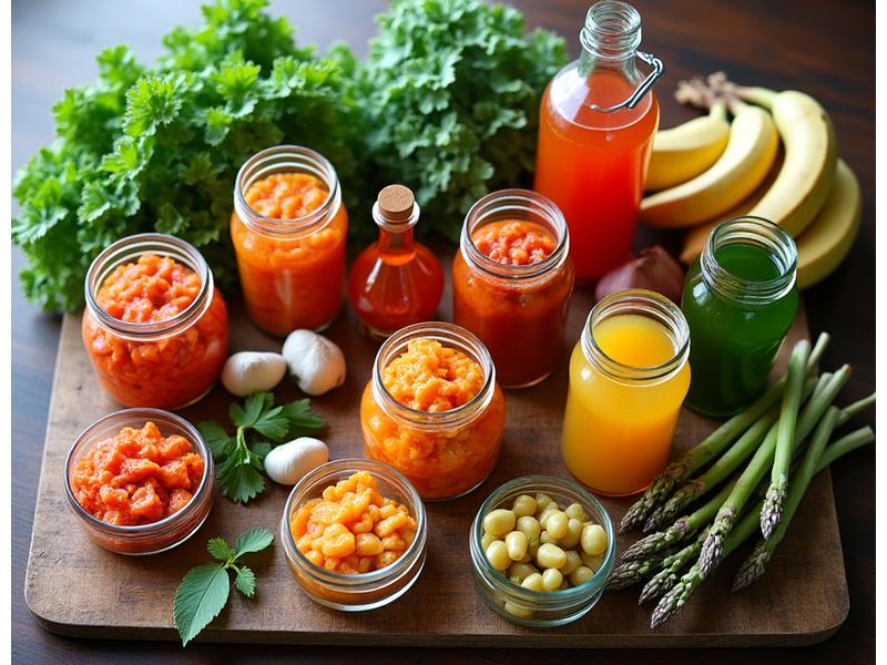 Assortiment de légumes fermentés et de kéfir dans des bocaux en verre