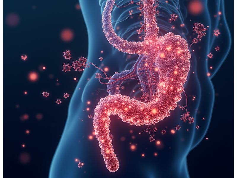Infographie du microbiote intestinal avec neurones et cellules immunitaires