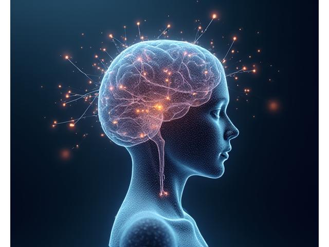 Illustration abstraite de l'intelligence artificielle apprenant des données biométriques, avec des flux de données et des neurones stylisés dans des tons apaisants.