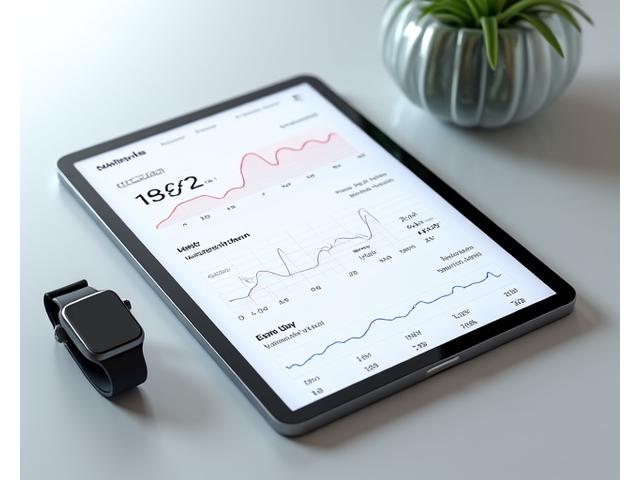 Illustration élégante d'un dashboard de santé numérique montrant des données de fréquence cardiaque, de sommeil et de variabilité du rythme cardiaque sur un écran de tablette, avec des wearables connectés.