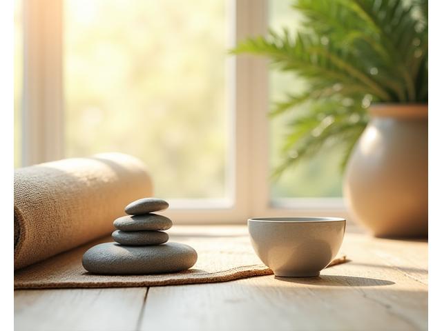 Accessoires de bien-être, incluant un tapis de yoga, un coussin de méditation et des pierres de massage, dans une atmosphère paisible