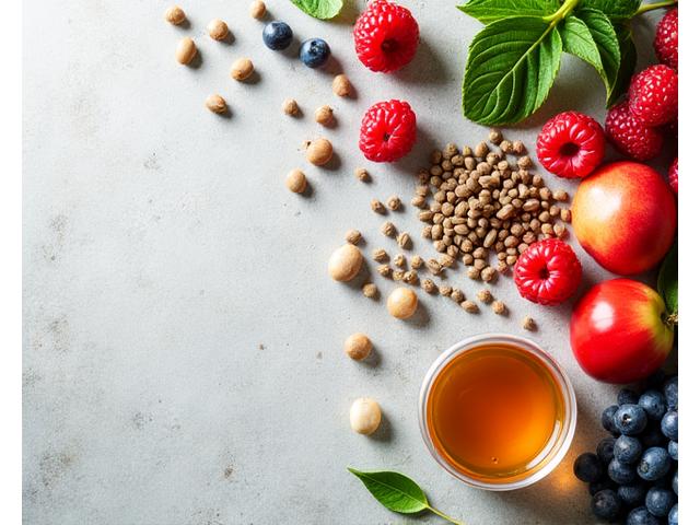 Assortiment de superaliments et de compléments alimentaires naturels, avec des pots de miel, des graines et des baies colorées