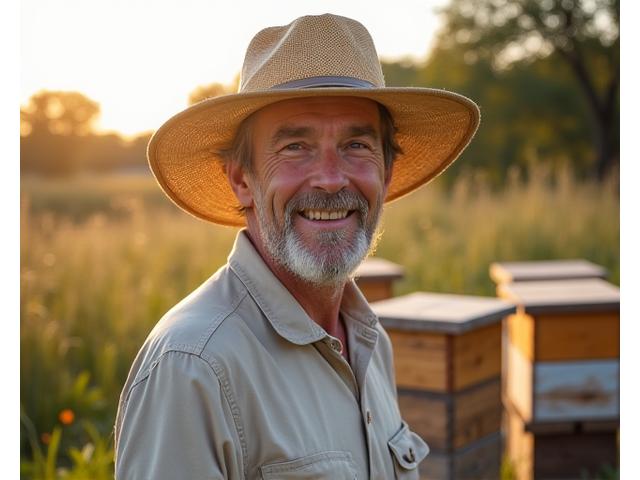 Portrait d'un apiculteur souriant dans son rucher en Aquitaine, abeilles en arrière-plan flou