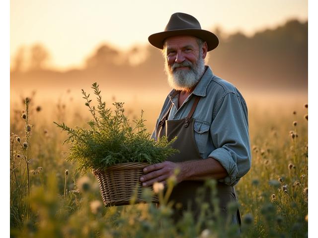 Herboriste cueillant des plantes médicinales dans les prairies des Landes, au lever du soleil